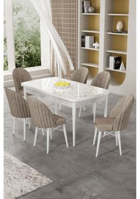 Resim Canisa Gale Serisi 80x132 Açılabilir Lak Panel Beyaz Mermer Desen Mutfak Masa Takımı 6 Sandalye Masa Beyaz Mermer Desen Sandalye Cappucino 