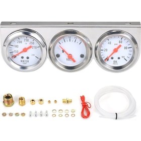 Resim 52mm 12v Araba/motosiklet Üçlü Gösterge: Voltaj 8-16v + Su Sıcaklığı 100-250 F + Yağ Basıncı 0-100psı , Krom Panjur Ve Gümüş Gösterge Paneli 