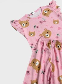 Resim Aliş Kids Kız Çocuk Pamuklu Pembe Ayıcık Kalp Desenli Kolları Fırfırlı Kısa Kollu Şortlu Yazlık Pijama Takımı 