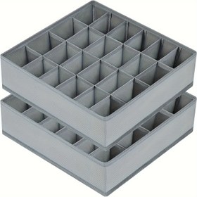 Resim 24 Bölmeli 2 Adet Gri Kumaş Saklama Kutusu - Çorap, Kravat ve İç Çamaşırı için Katlanabilir & Yığılabilir Düzenleyici - Ev Düzeni, Dolap Organizatörleri ve Saklama için Yer Tasarruflu Çekmece Bölücü 