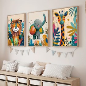 Resim 3 parçalı Çerçevesiz Art Deco Hayvan Kanvas Duvar Sanatı Seti, Modern, Aslan, Fil, Zürafa Baskıları, Portre Yönü, Kapalı Orman Teması, Ev Ofisi, Oturma Odası, Yatak Odası için Çerçevesiz Posterler ile 
