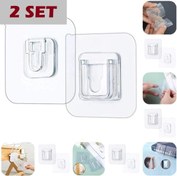 Resim 2 Li Set Çift Taraflı Yapışkanlı Geçmeli Klips Eşya Sabitleme Askısı Şeffaf Duvar Kancası 