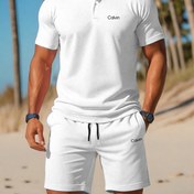 Resim Erkek Calvin Logo Polo Gömlek & Şort Seti - Beyaz Rahat Yaz Plaj Giyimi, Bağcıklı Bel, Tatil & Eğlence İçin Nefes Alabilen Kumaş, Plaj Giysileri, Tatil Kıyafetleri, Şık Bağcıklı, Rahat Uygunluk 