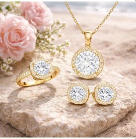 Resim Gümüş Gold Yuvarlak Montür Tek Taş Kadın Set Çok Renkli 