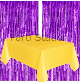 Resim 2 Adet Mor Renk Metalize Arka Fon Perdesi Ve 1 Adet Plastik Sarı Renk Masa Örtüsü Set Standart 