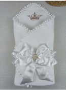 Resim Yenidoğan Sahra Taç Nakışlı Topçik Kenar Lüks Kundak Bebek Battaniyesi Ekru 