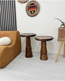 Resim ASELYA HOME Ahşap 2’li Set Mantar Yan Sehpa Modern Ceviz Renk Fiskos Zigon Çiçeklik 