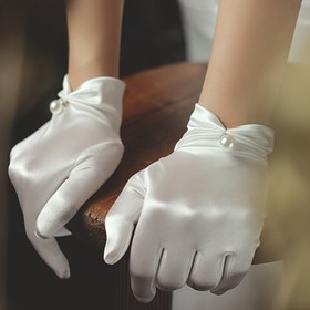 Resim İncili Detaylı Kadın Şık Tam Parmak Polyester Eldivenler - Streç, Örgü İşçiliği, Düz Renk, Partiler ve Düğünler için Dekoratif, Tüy Yok (1 Çift) 