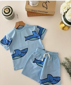 Resim Magu Erkek Çocuk Pamuklu Köpek Balığı Desenli T-shirt Şort Takım Mavi 