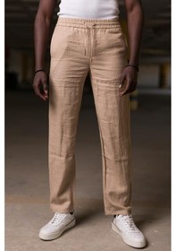 Resim Beli Lastikli ve İplikli Linen Kumaş Keten Bol Paça İnce Yazlık Baggy Pantolon 