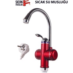 Resim Kırmızı Elektrikli Ani Su Isıtıcı, Termal Şofben ve Musluk, Pratik ve Şık Tasarım 