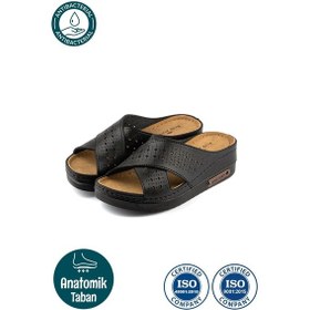 Resim Kadın Ortopedik Yumuşak Tabanlı Terletmeyen Çift Bantlı Hasır Tipi Delikli Rahat Anne Ev İçi Terliği Siyah 