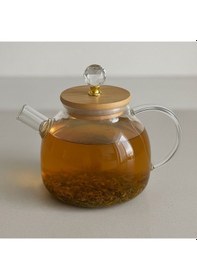 Resim Morponi Borosilikat Cam Bambu Kapaklı Kristal Detaylı Bitki Çayı Demliği 1000 Ml Şeffaf Alg Şeffaf 