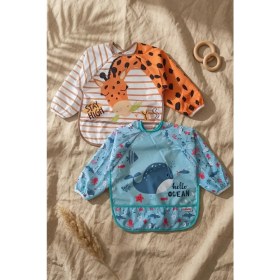 Resim Babydonat 2'li Paket Sıvı Geçirmez Uzun Kollu Çocuk Mama Önlüğü 6-24 Ay - Zürafa ve Balina Desenli Leke Tutmaz Blw Önlüğü 