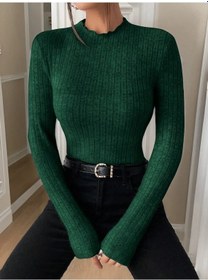 Resim Snapbuy Moda Örgü Fırfır Yaka Uzun Kollu Kazak, Sonbahar Kış Rahat Kadın Üstükoyu Yeşil Koyu Yeşil 