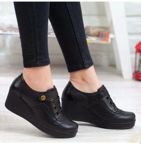 Resim 1570 Aymoda Hakiki Deri Dolgu Tabanlı Cırtlı Kadın Ayakkabısı Sıyah Siyah 