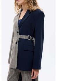 Resim Ekose Garnili Kuşak Detaylı Oversize Blazer Ceket Lacivert Lacivert 