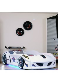 Resim Arabalı Yatak, Jaguar Rüzgarlıklı Full Ledli Arabalı Yatak - Beyaz 1 Adet Comfort Yatak 