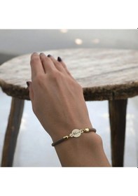 Resim Archin Ebru İsmine Özel 14 Ayar Altın Plakalı Oval Motifli Kahverengi Örgülü Hediye Bileklik-341isim Altın 