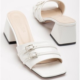 Resim İki Tokalı Rugan Küt Burunlu Beyaz Kadın Kalın Topuklu Terlik-3031-beyaz Beyaz 