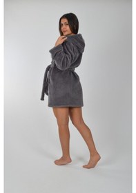 Resim Kapşonlu Unisex Wellsoft Peluş Bornozl-- L - XL-SİYAH-SABAHLIK 