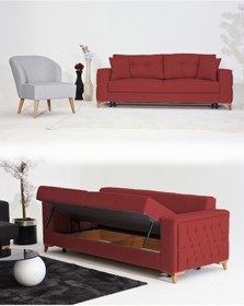 Resim Velura Home & Living Nola Koltuk Takımı 3+1 & Bazalı Yataklı Koltuk & Kanepe - Keten 