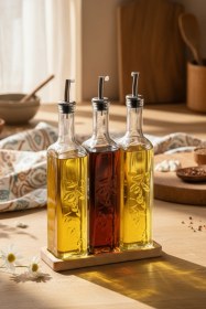 Resim Snippy Safir - Ahşap Standlı 3'lü Cam Damlatmaz Yağlık Sirkelik Zeytinyağı Sıvıyağ Şişesi Yağdanlık 500ml Ahşap 