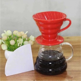 Resim Mediterian Kırmızı V60 Seramik Filtre Kahve Demleme Seti, keyifli kahve deneyimi için ideal 