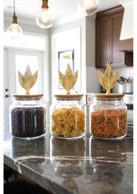 Resim 3 Lü Bambu Kapaklı Metal Yaprak Figürlü Cam Kavanoz Seti - Saklama Kabı 635cc Şeffaf 