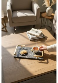 Resim Akayev Mermer Antrasit Mat Altın L Dizayn 30x20 Cm Tepsi Antrasit 