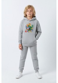 Resim Fyk Kids 3 İplik Şardonlu Kışlık Rubik Küp Baskılı Kanguru Cepli Kapüşonlu Erkek Çocuk Eşofman Takımı Gri 