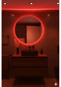 Resim Digital Hayat Dokunmatik Dimlenebilir Kırmızı Led Işıklı Yuvarlak Ayna Dekoratif Banyo Makyaj Aynası 50cm - 80cm Kırmızı 