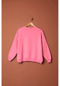 Resim Üç İplik Sıfır Yaka Çimalı Kadın Pembe Sweat Çok Renkli 