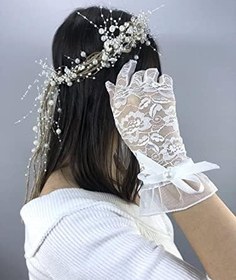 Resim Beyaz Fiyonklu Dantelli Eldiven Ve Krem İncili Taç Nikah Takımı 