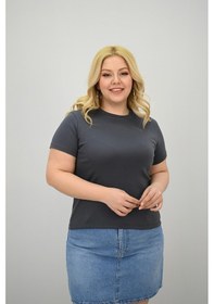 Resim Kadın Büyük Beden Kısa Kollu Bisiklet Yaka Basic T-shirt 1965-25 Siyah 