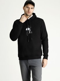 Resim Siyah Kapüşonlu Baskılı Pamuklu Sweatshirt 
