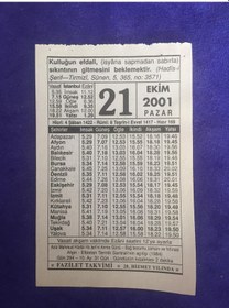 Resim 21 Ekim 2001 Takvim Yaprağı - Nostalji Koleksiyonluk Takvim Yaprağı 