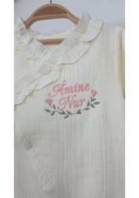 Resim Gros Shop Müslin Yeni Doğan 4katlı Organik %100pamuk Kişiye Özgü Nakışlı Hastane Çıkış Seti Çiçek Model-2 Ekru-1 