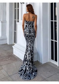 Resim Fashion Cocktail Uzun Kuyruklu Payet Pul Işleme Straples Balık Model Esnek Abiye Nişan Davet Elbise Lame 