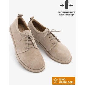 Resim Marjin Kadın Hakiki Deri Kadın Bağcıklı Maskülen Loafer Günlük Oxford Ayakkabı Bemor Bej Süet 
