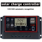 Resim Güneş Enerjisi Şarj Kontrol Cihazı 12V/24V LCD Ekran ile Uyumlu, Ayarlanabilir Yük Zamanlaması, Çift USB Çıkışı, Gelişmiş Güç Üretimi Verimliliği için Çoklu Koruma Sistemi - Sabit Kablolu Güç Kaynağı Modu 