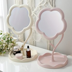 Resim 1 adet Sevimli Çiçek Şekilli Kompakt Makyaj Aynası, Stand ile DIY Montajlı Küçük El Aynası, 7,87" Yükseklik, 4,33" Aynanın Genişliği, Gençlerin Makyaj Masası ve Takı Gösterimi için İdeal, Güzellik Gereksinimleri | Oyuncak Tasarımı | Plastik Çerçeve, Çiçek Dekoru 