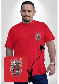 Resim Angemiel Gitar Kafatası Güller Doğa Uyumu Kırmızı Büyük Beden Kadın Basic Minimal Baskılı Tişört Kırmızı 