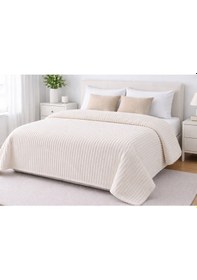 Resim 180x220 Cm Çift Kişilik Polyester Battaniye Yumuşak Dokulu, Kışlık Krem 
