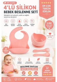 Resim Çocuk Silikon Mama Önlüğü, Silikon Vakumlu Kase, Silikon Kaşık Ve Çatal / Pembe 