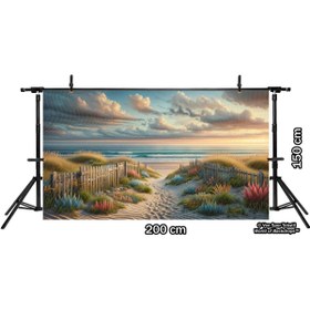 Resim Venspor Doğal Sahil Manzaralı Arkaplan 200x150cm - Çiçekli Kumlu Yolu ve Ahşap Çitleri ile Fon Duvar Örtüsü 