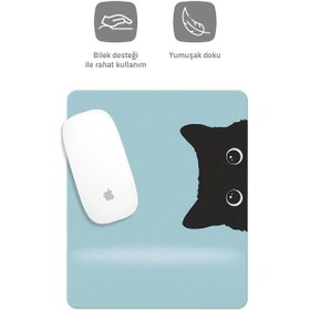 Resim Jel Dolgulu Pvc Yüzey Mavi Kedi Çizimli Bilek Destekli Dikdörtgen Mouse Pad Mouse Altlığı. Mousepad 