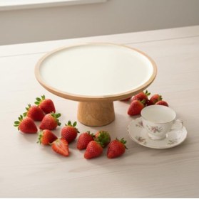 Resim Yıldızan Storesellm Mango Ağacı Ayaklı Kek Standı ve Sunum Tabağı - Krem İç Yüzeyli Doğal Ahşap Pasta Servisl 