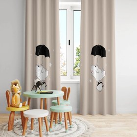 Resim Halı Vagonu HV141 Şemsiyeli Sevimli Ayı Penguen Desenli Çocuk Odası Kadife Kumaş Fon Perde - 140x300 / Çift Kanat 
