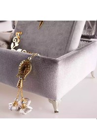 Resim Çizgili Kutu Çeyizlik, Şal + Seccade + Tesbih + Kuran Hediye Seti Orta B. Kadife, Gri, Elif-vav 